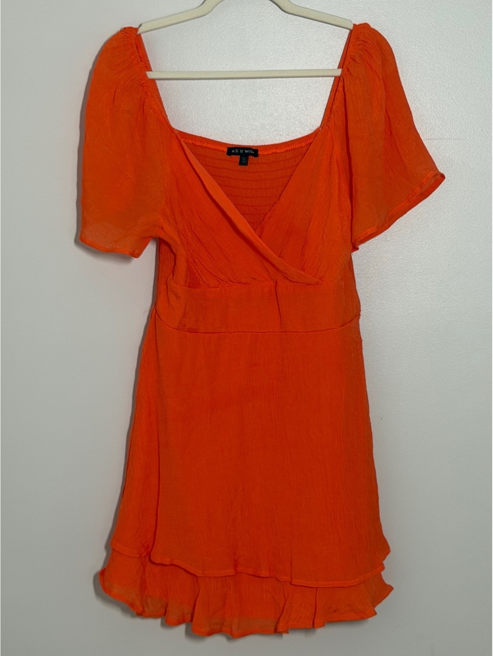 As U Wish Orange Faux Wrap Mini Dress XL Flutter Sleeve Ruffle Hem
